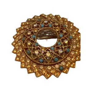 Sarah Coy Signed Vintage Amber Turquoise Rhinestone Gold Costume Brooch Pin